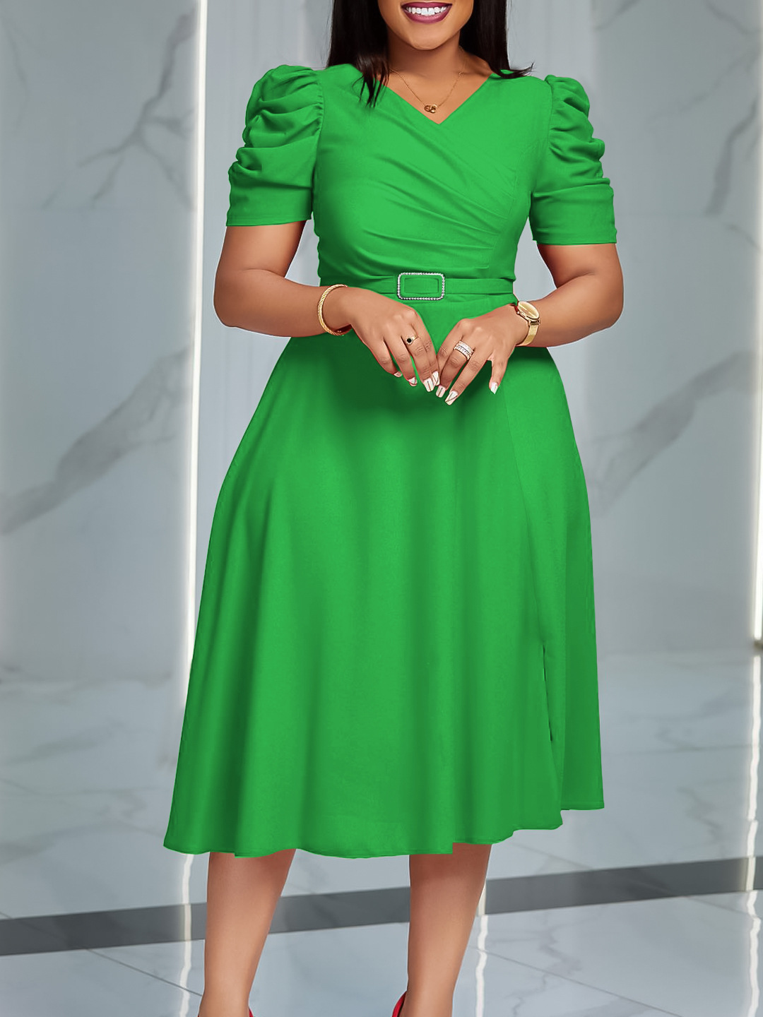 Summer New Fashion Temperament Elegant V-Neck Pleated Large Swing Dress