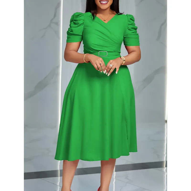 Summer New Fashion Temperament Elegant V-Neck Pleated Large Swing Dress