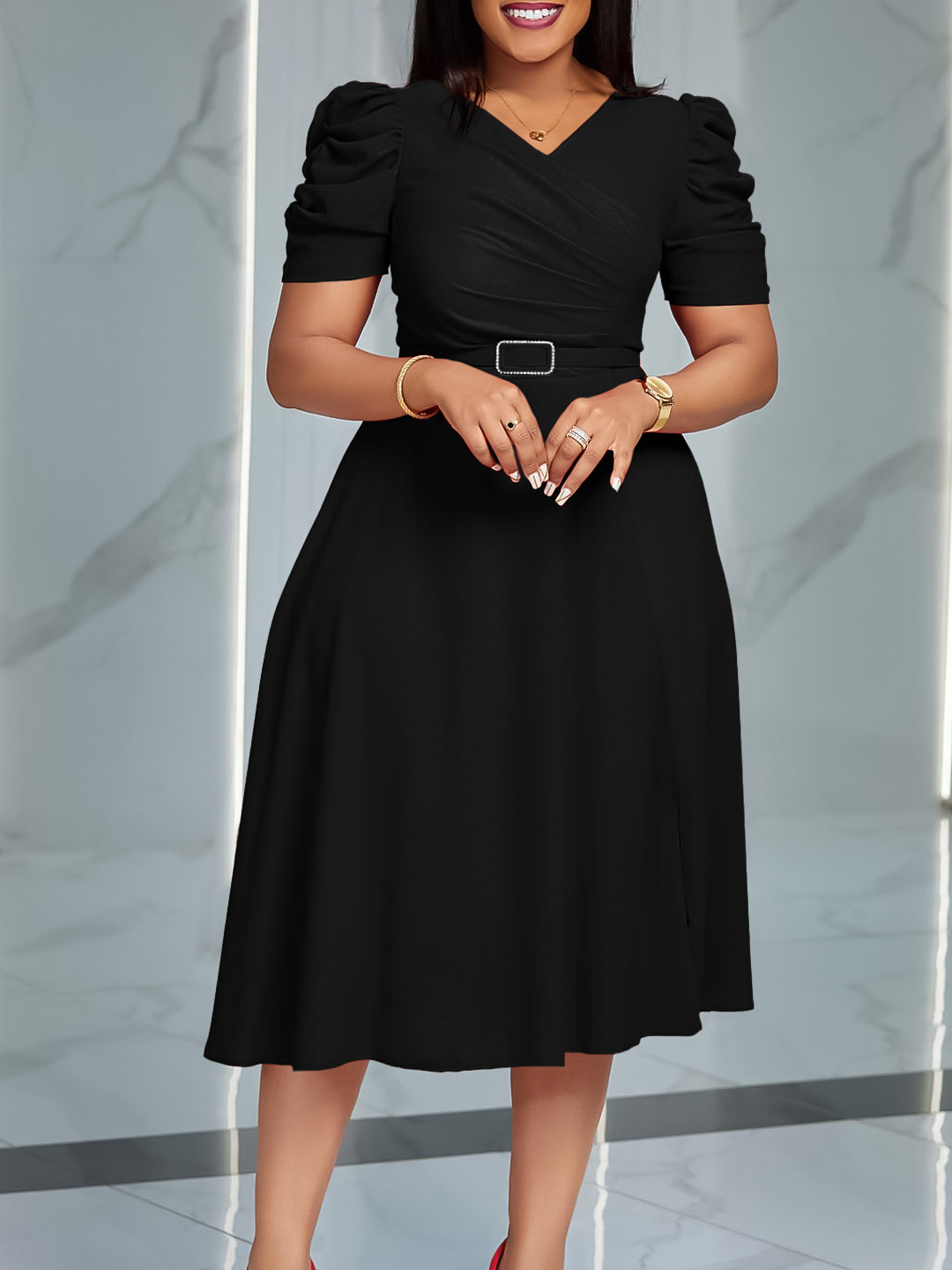 Summer New Fashion Temperament Elegant V-Neck Pleated Large Swing Dress