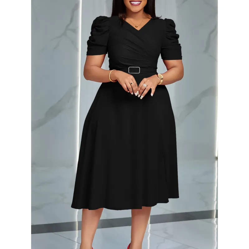 Summer New Fashion Temperament Elegant V-Neck Pleated Large Swing Dress