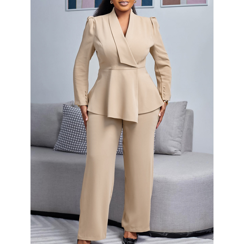 Winter New Fashion OL Ruffled Top Wide-Leg Pants Fashion Suit
