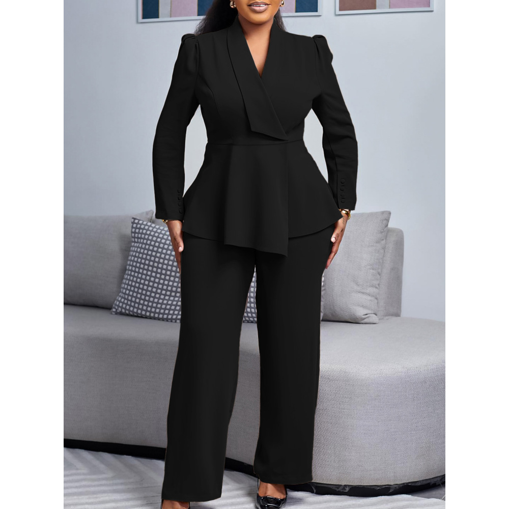 Winter New Fashion OL Ruffled Top Wide-Leg Pants Fashion Suit