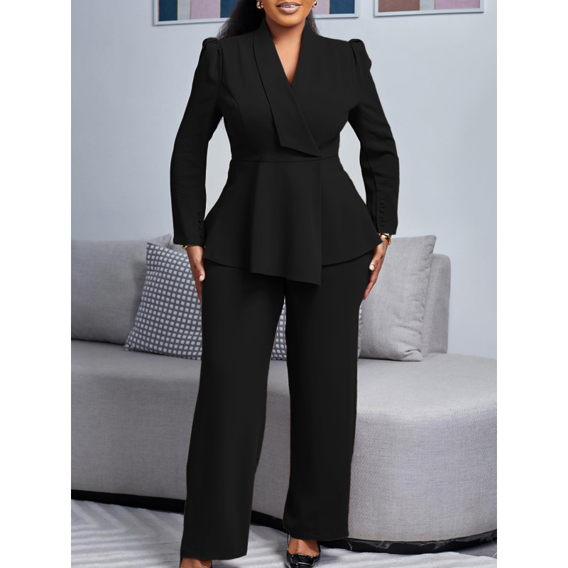 Winter New Fashion OL Ruffled Top Wide-Leg Pants Fashion Suit