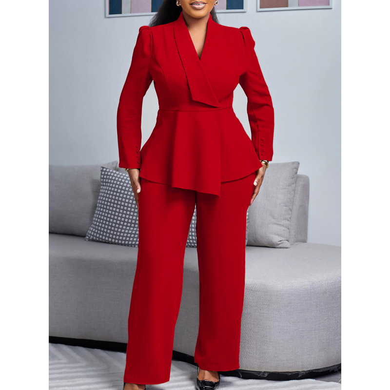 Winter New Fashion OL Ruffled Top Wide-Leg Pants Fashion Suit