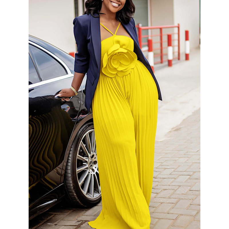 Fashionable Large Flower Solid Color Pleated Jumpsuit
