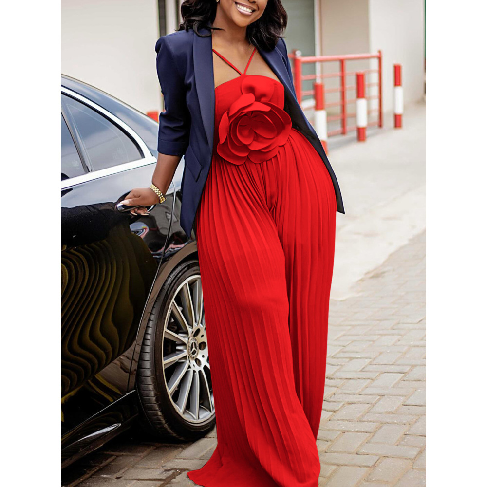 Fashionable Large Flower Solid Color Pleated Jumpsuit