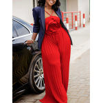 Fashionable Large Flower Solid Color Pleated Jumpsuit