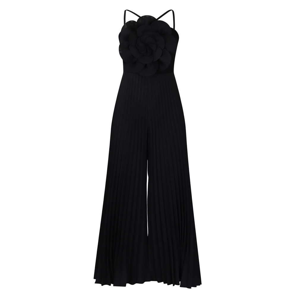 Fashionable Large Flower Solid Color Pleated Jumpsuit