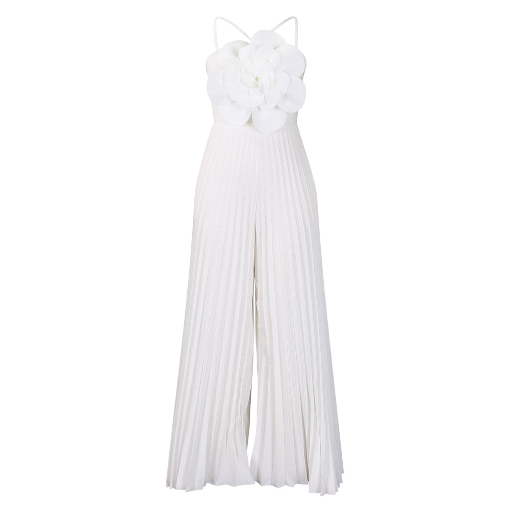 Fashionable Large Flower Solid Color Pleated Jumpsuit