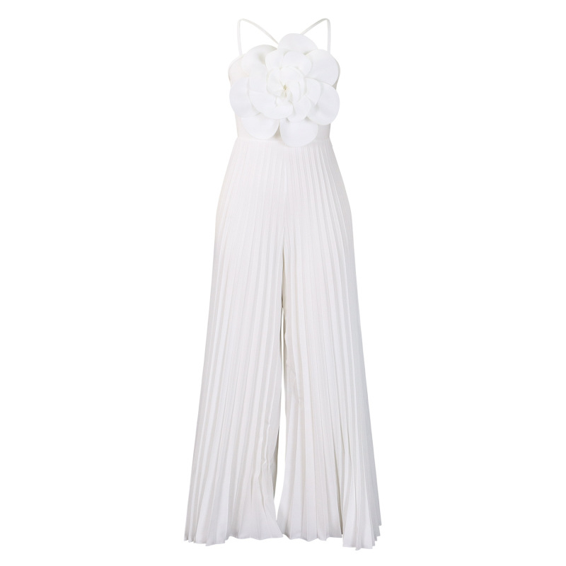 Fashionable Large Flower Solid Color Pleated Jumpsuit