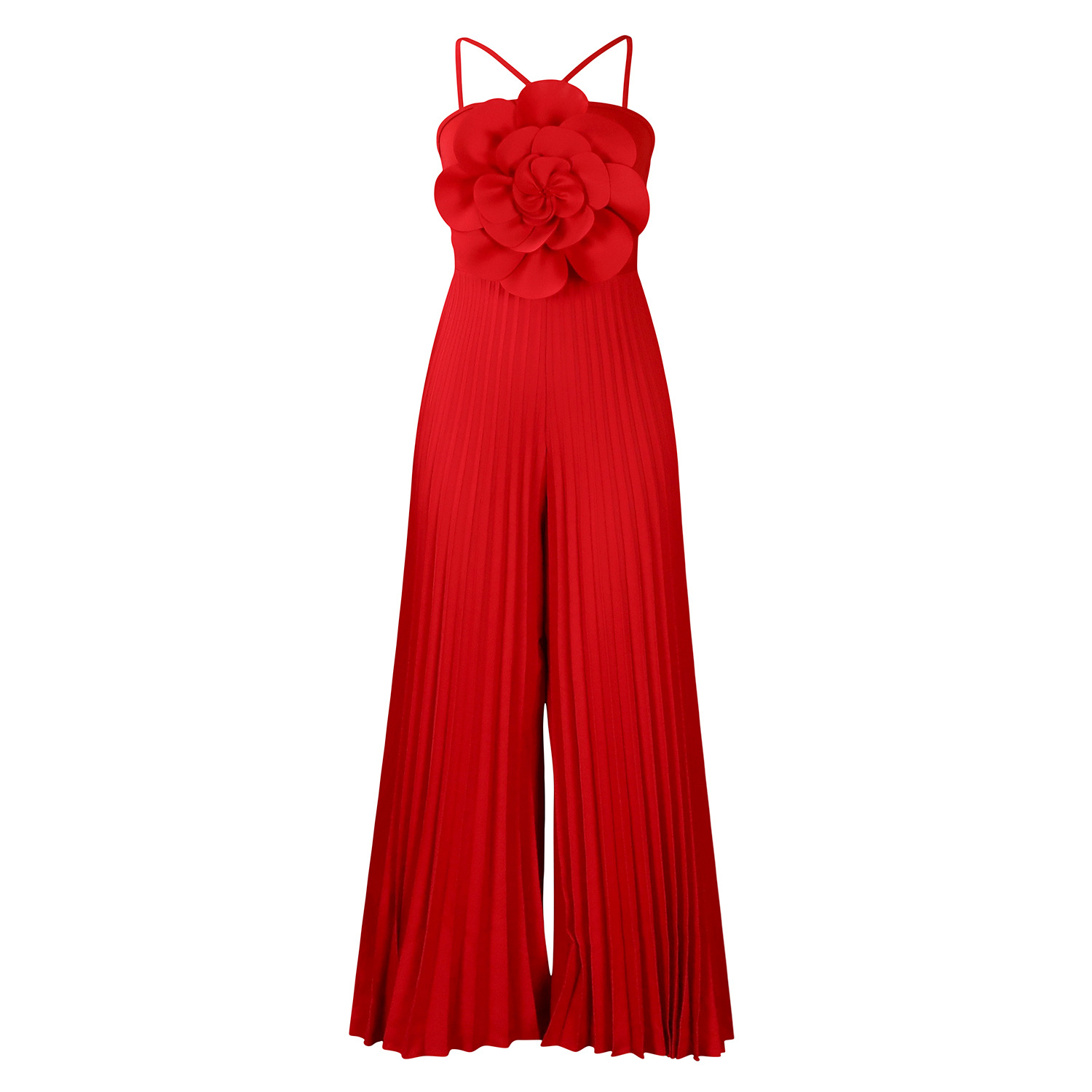 Fashionable Large Flower Solid Color Pleated Jumpsuit