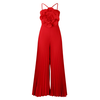 Fashionable Large Flower Solid Color Pleated Jumpsuit 02