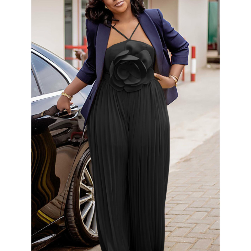 Fashionable Large Flower Solid Color Pleated Jumpsuit