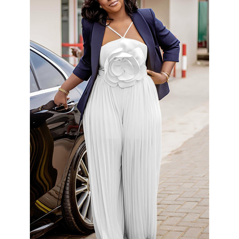 Fashionable Large Flower Solid Color Pleated Jumpsuit