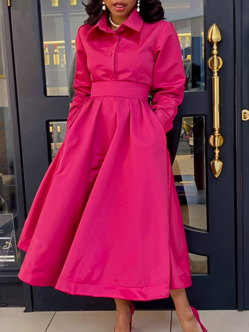 New Autumn Style Solid Color Lapel Long Sleeve A-Line Dress