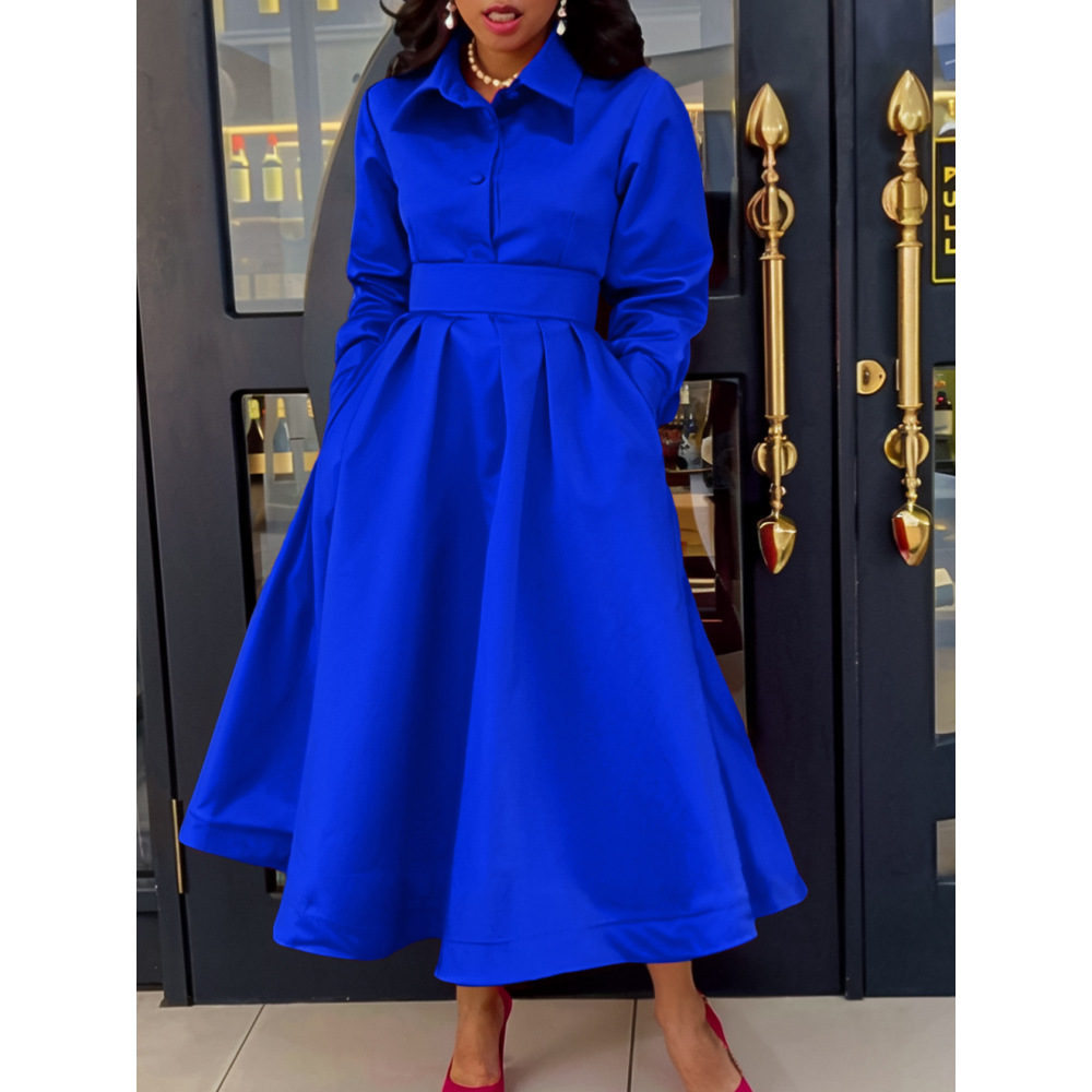 New Autumn Style Solid Color Lapel Long Sleeve A-Line Dress