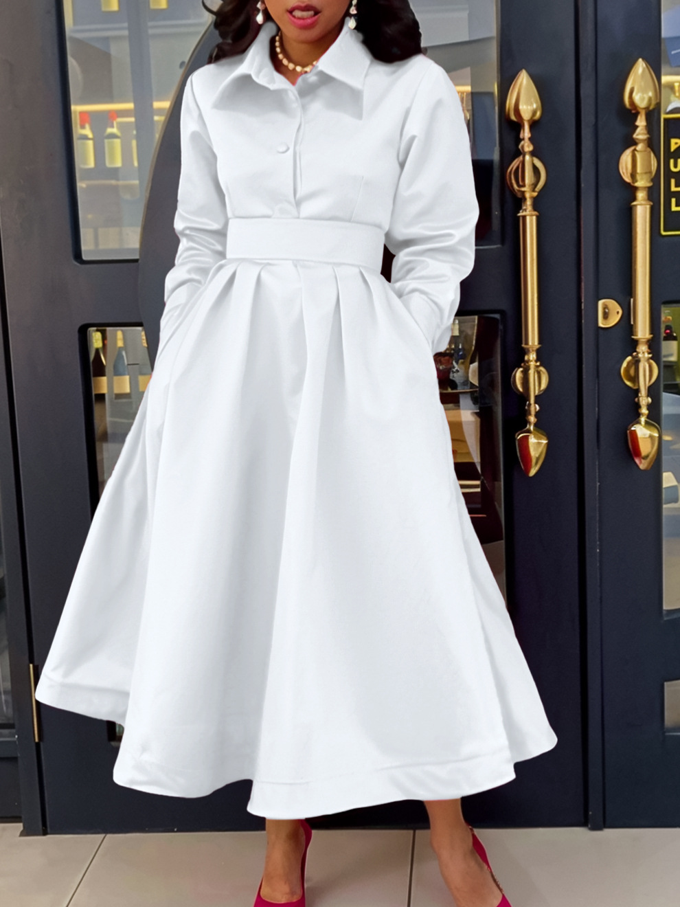 New Autumn Style Solid Color Lapel Long Sleeve A-Line Dress