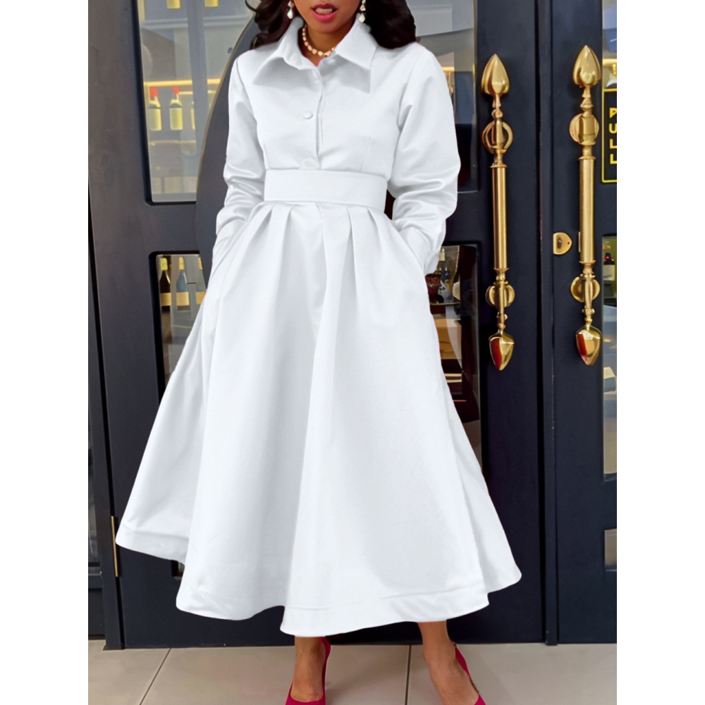 New Autumn Style Solid Color Lapel Long Sleeve A-Line Dress