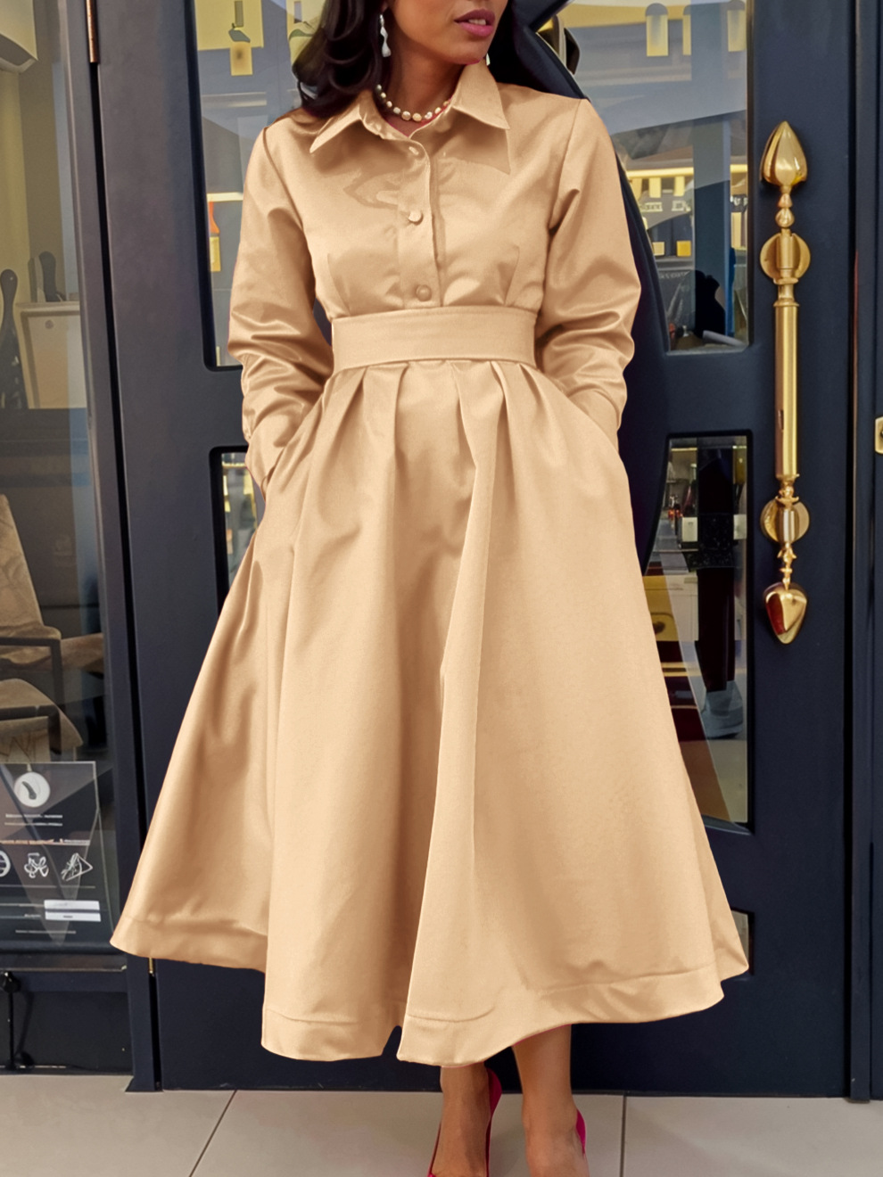 New Autumn Style Solid Color Lapel Long Sleeve A-Line Dress