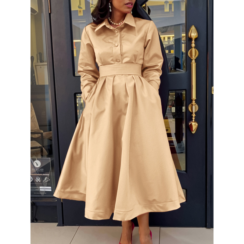New Autumn Style Solid Color Lapel Long Sleeve A-Line Dress