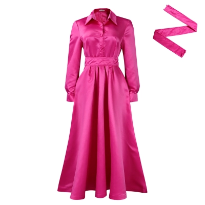 New Autumn Style Solid Color Lapel Long Sleeve A-Line Dress 01