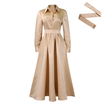 New Autumn Style Solid Color Lapel Long Sleeve A-Line Dress 02