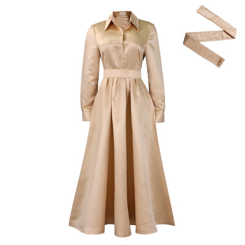 New Autumn Style Solid Color Lapel Long Sleeve A-Line Dress