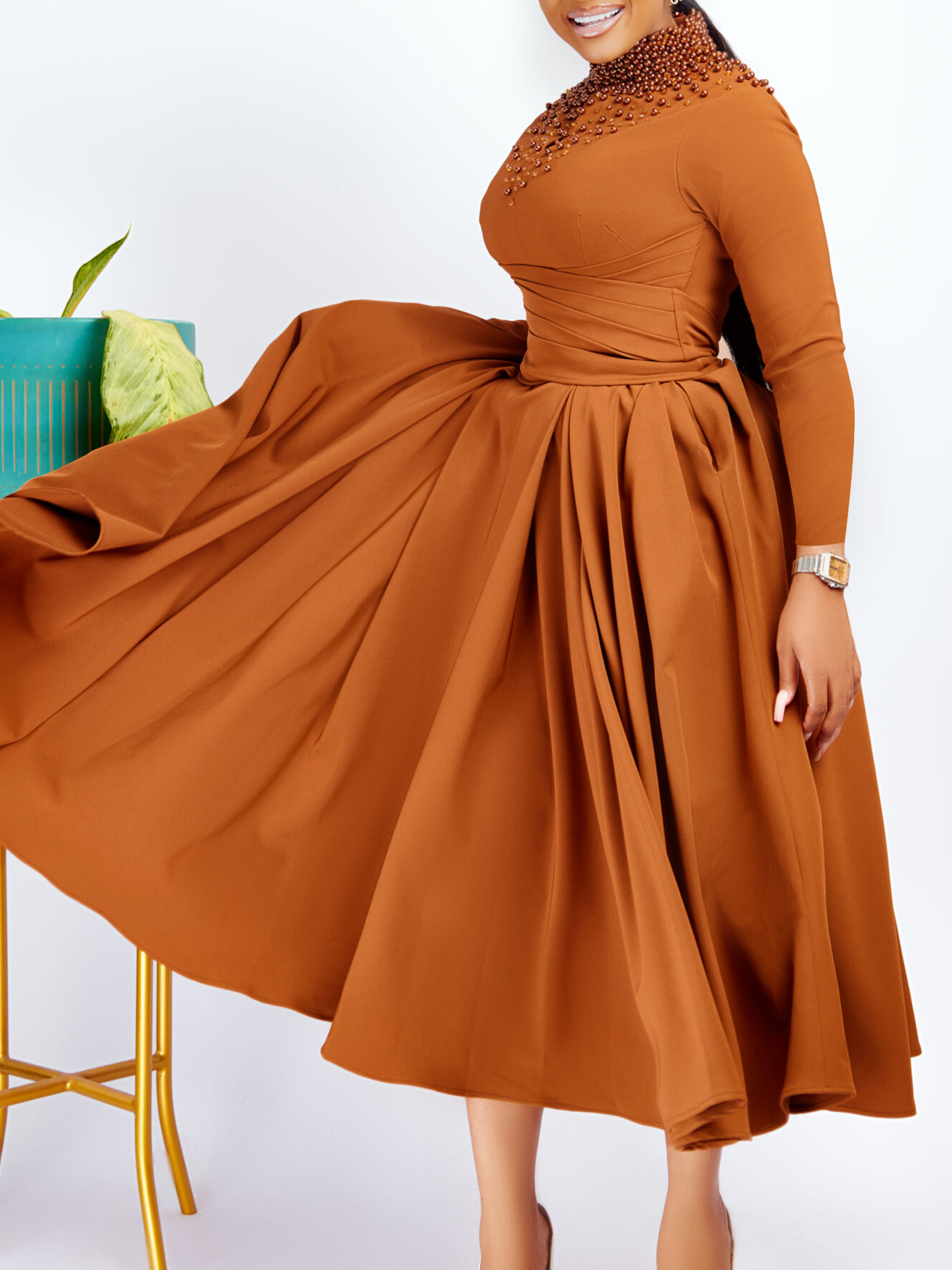 New Fashion Turtleneck Beaded Swing Dress Waist Dress