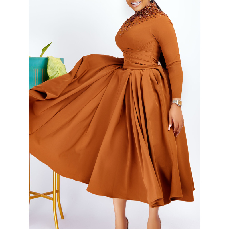 New Fashion Turtleneck Beaded Swing Dress Waist Dress