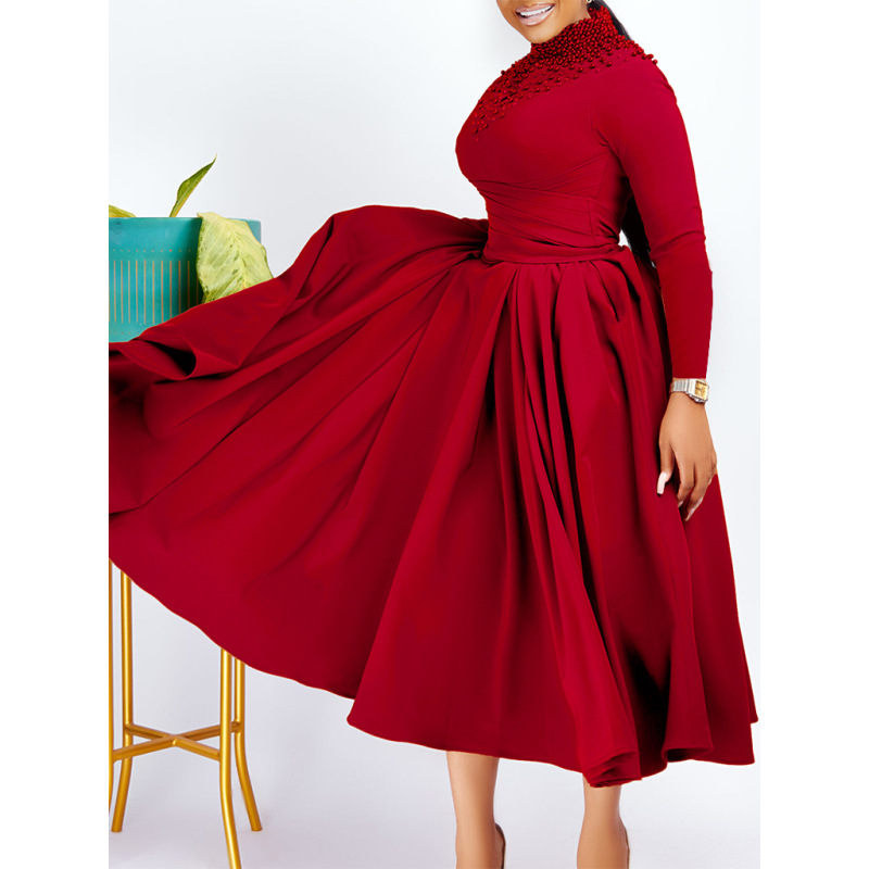 New Fashion Turtleneck Beaded Swing Dress Waist Dress