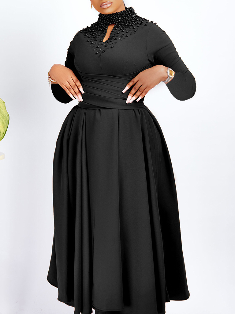 New Fashion Turtleneck Beaded Swing Dress Waist Dress