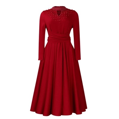 New Fashion Turtleneck Beaded Swing Dress Waist Dress 02