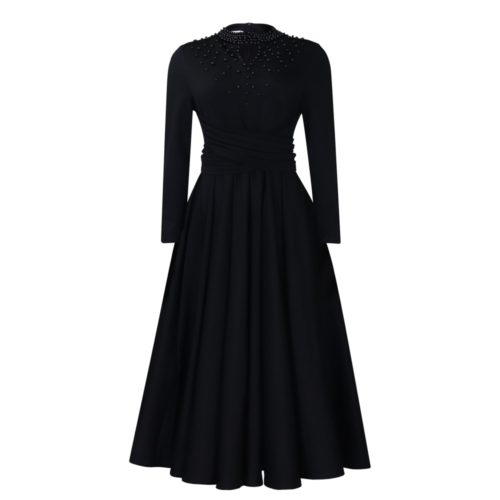 New Fashion Turtleneck Beaded Swing Dress Waist Dress