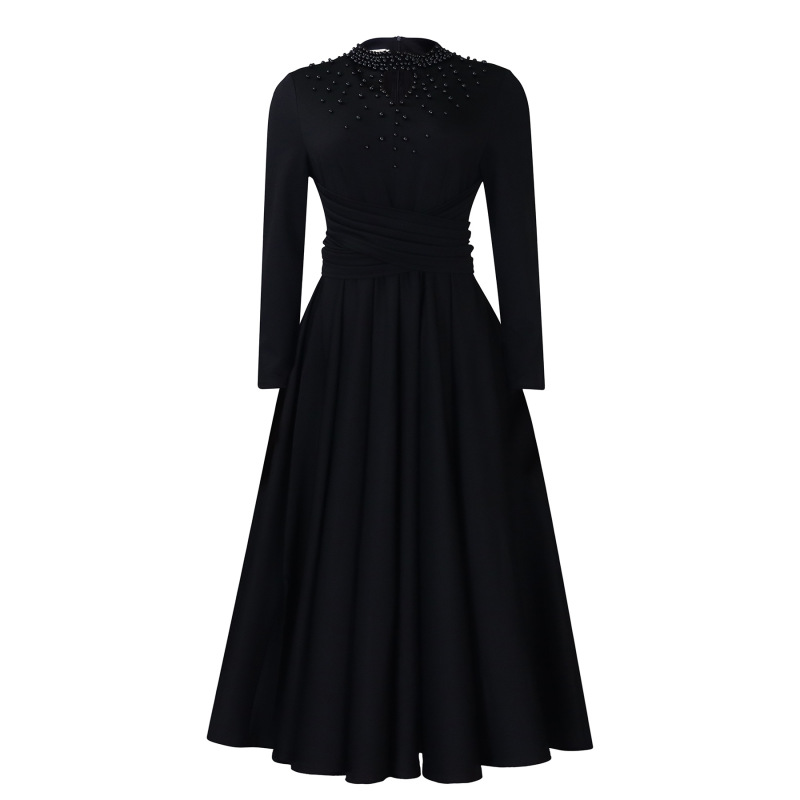 New Fashion Turtleneck Beaded Swing Dress Waist Dress