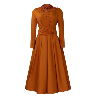 New Fashion Turtleneck Beaded Swing Dress Waist Dress 01