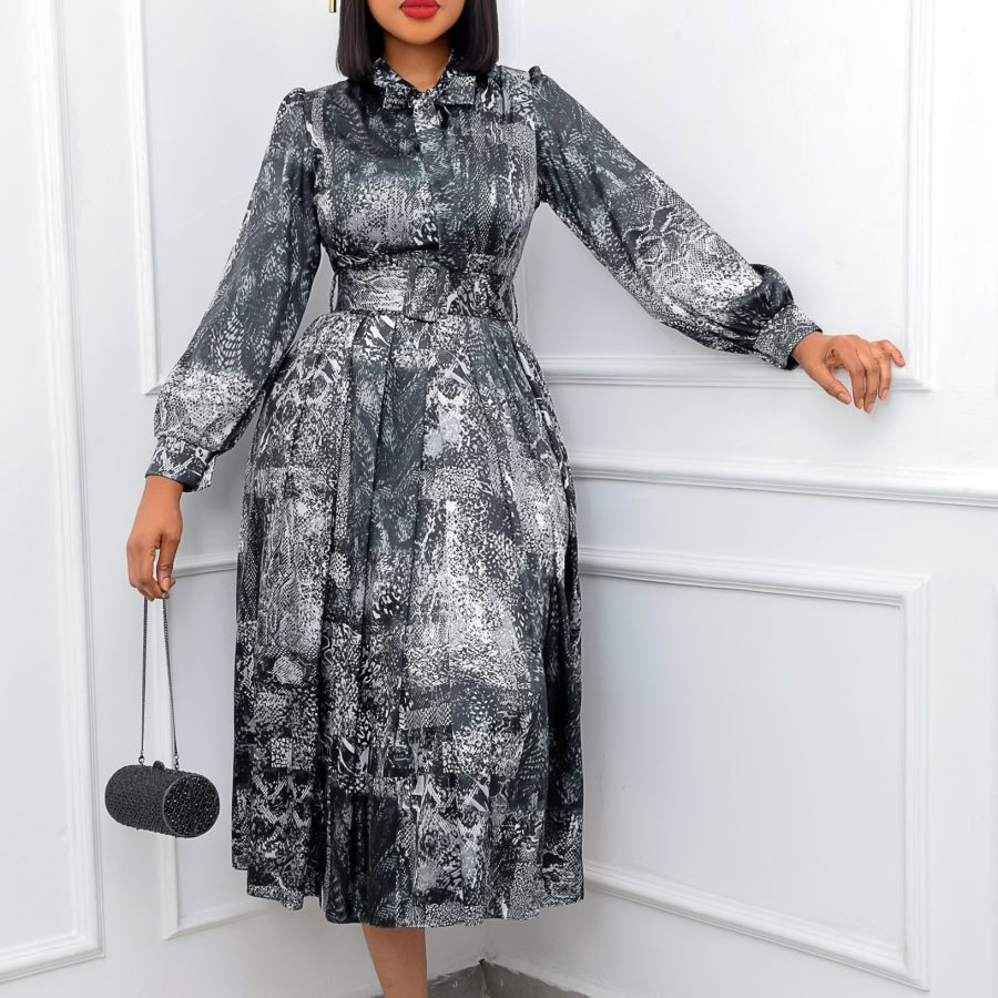 Spring New Long Sleeve High Waist Printed Party Dress