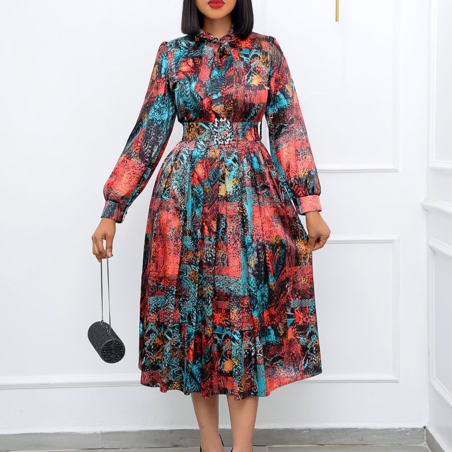 Spring New Long Sleeve High Waist Printed Party Dress