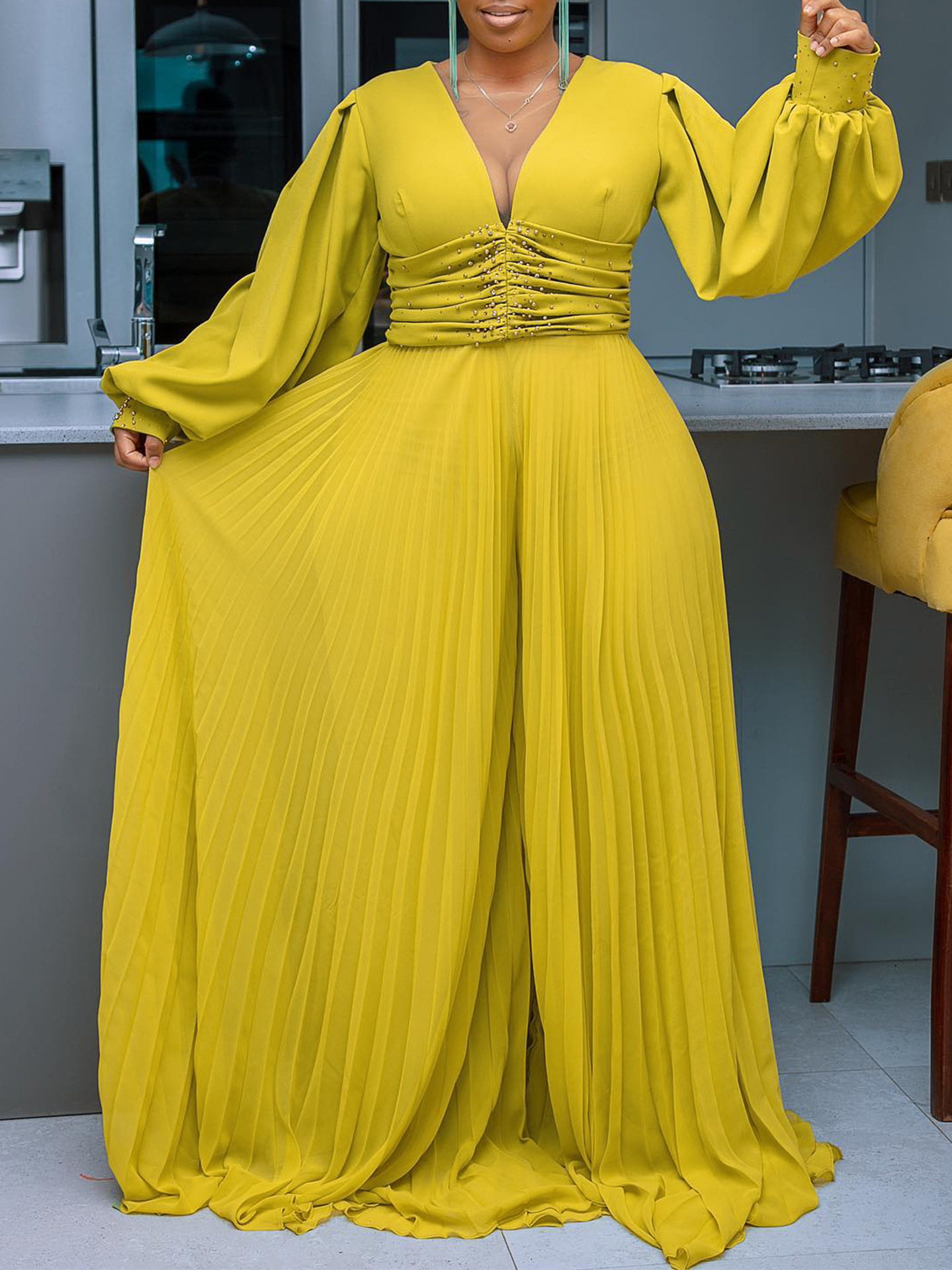 Beaded Mesh Fashionable Casual Loose Wide-Leg Jumpsuit