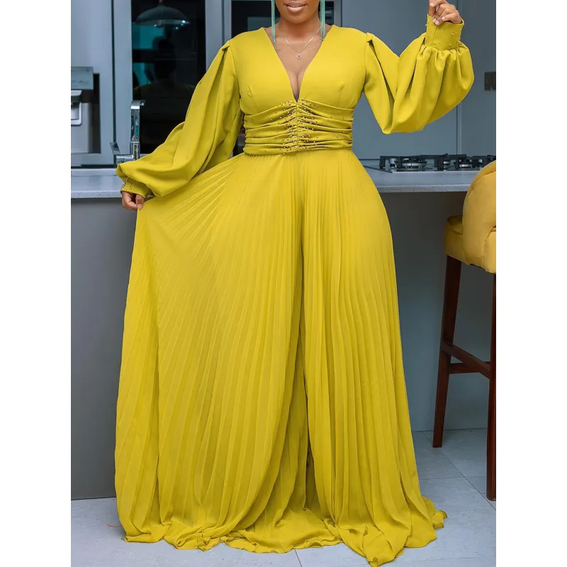 Beaded Mesh Fashionable Casual Loose Wide-Leg Jumpsuit
