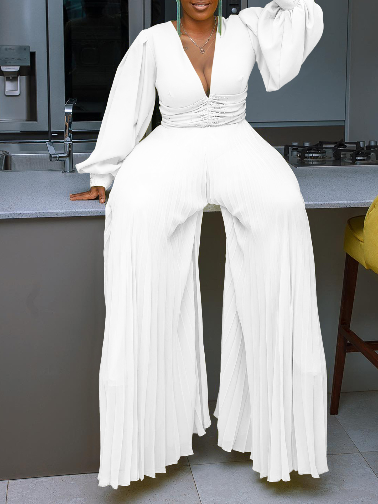 Beaded Mesh Fashionable Casual Loose Wide-Leg Jumpsuit