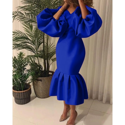 Fashion Solid Color V-Neck Bubble Long Sleeve Fishtail Dress 01