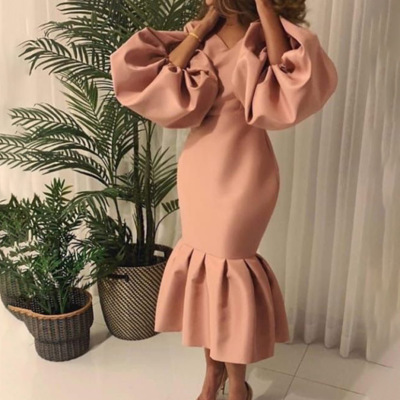 Fashion Solid Color V-Neck Bubble Long Sleeve Fishtail Dress 02
