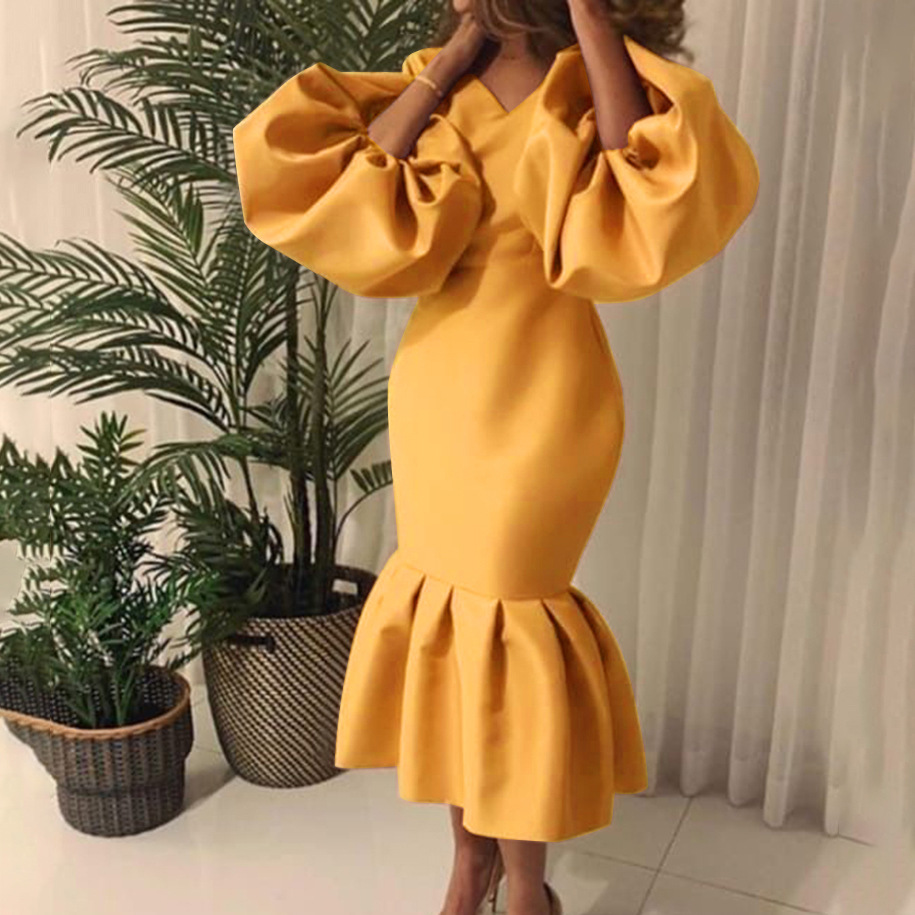 Fashion Solid Color V-Neck Bubble Long Sleeve Fishtail Dress