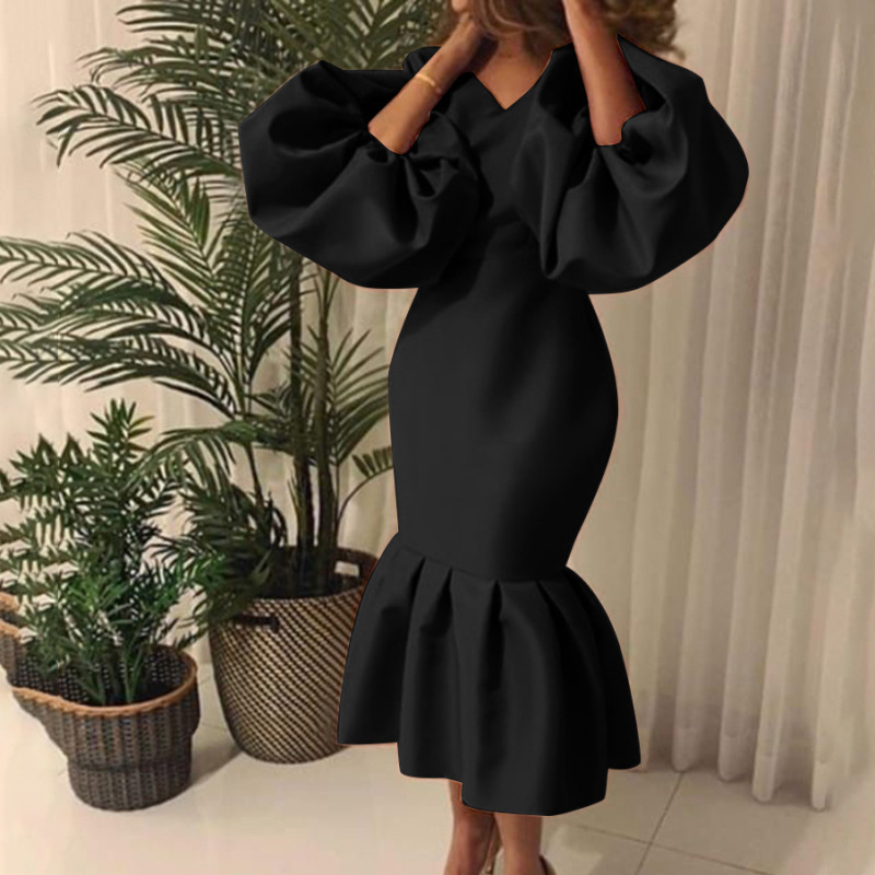 Fashion Solid Color V-Neck Bubble Long Sleeve Fishtail Dress