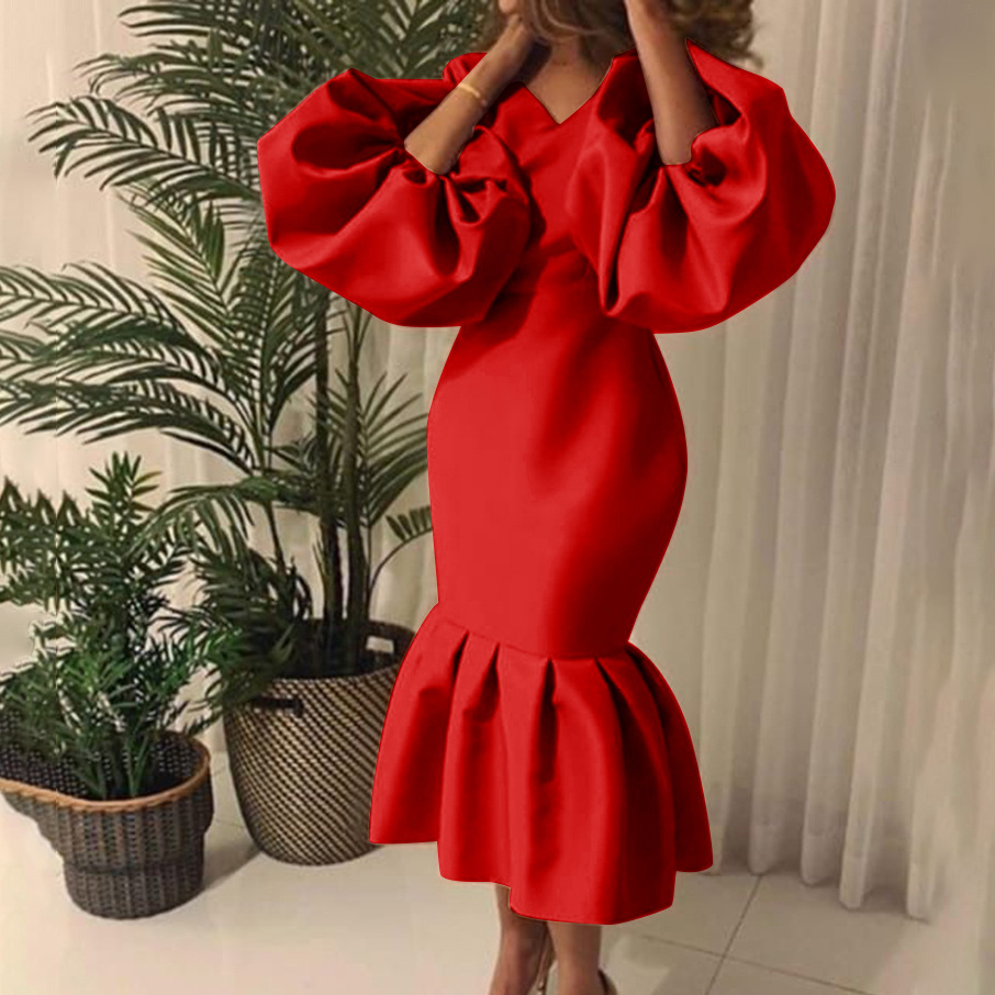 Fashion Solid Color V-Neck Bubble Long Sleeve Fishtail Dress