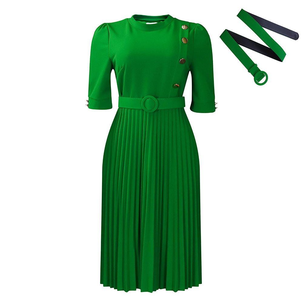 New African Temperament Solid Color Pleated Button Dress