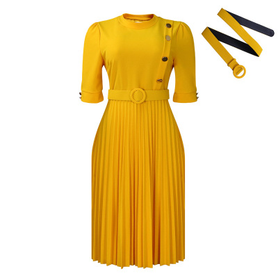 New African Temperament Solid Color Pleated Button Dress 01