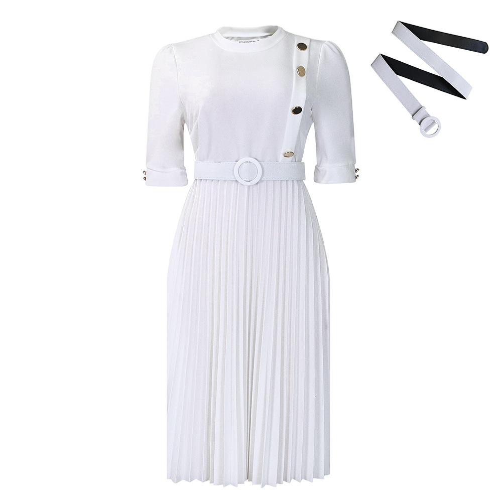 New African Temperament Solid Color Pleated Button Dress