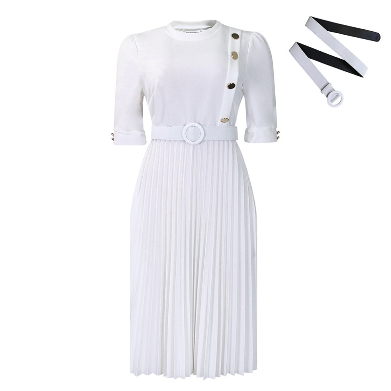 New African Temperament Solid Color Pleated Button Dress