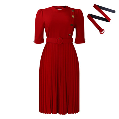 New African Temperament Solid Color Pleated Button Dress 02